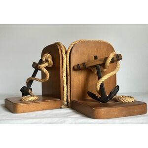 Vintage Anchor Bookends Wooden with Anchor Rope‎ Nautical
